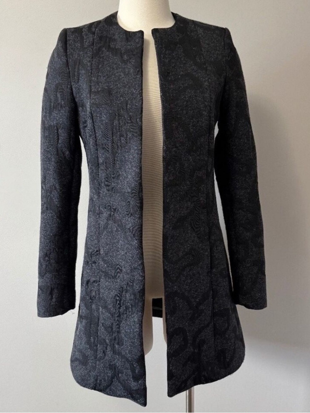 Elegant Dark Gray Patterned Pea Coat